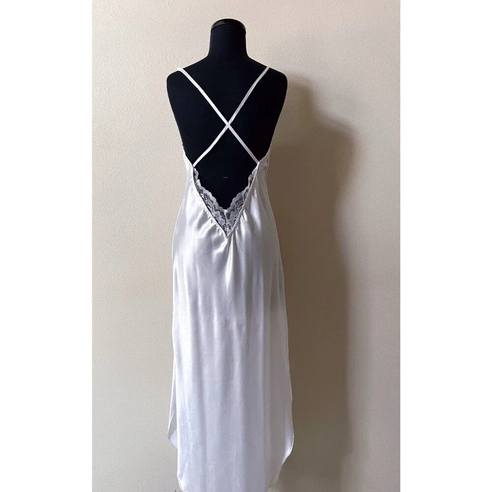 VTG Faris White Satin Slip Dress Large Maxi Open Back Bridal Lingerie 90s USA